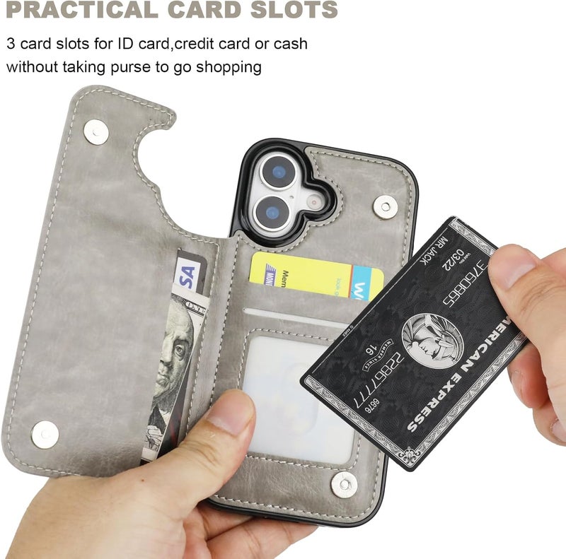 OT ONETOP ONETOP Compatible with iPhone 17 Wallet Case with Card Holder, PU Leather Kickstand Card Slots Case, Double Magnetic Clasp and Durable Shockproof Cover 6.3 Inch (Gray) - Image 4
